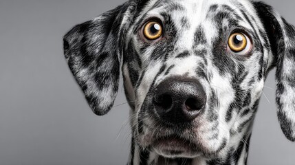 Dalmatian dog with surprised face concept. Close-up of a curious Dalmatian dog with expressive eyes.