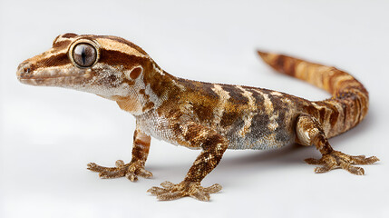 Obraz premium Curious gecko with intricate scales and striking eyes poses elegantly against a clean white background, showcasing its unique pattern and texture.