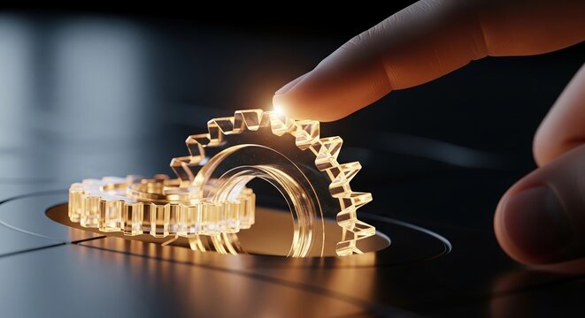 Finger activating a glowing mechanical gear mechanism with intricate details