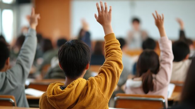 Young child actively raising hand to answer question in classroom. Demonstrating attention seeking, participating in educational process, and demonstrating knowledge.