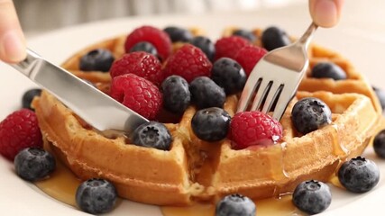 A waffle topped with fresh raspberries and blueberries on a white plate view - Powered by Adobe