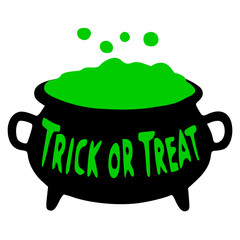 halloween illustration witch cauldron vector art with bubbling green liquid isolated on transparent background, trick or treat text, halloween element flat art