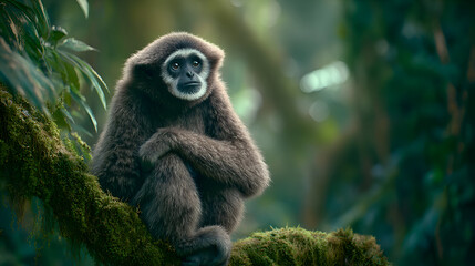 Obraz premium Serene gibbon primate peacefully perched on mossy branch amidst lush jungle foliage, gazing thoughtfully into the distance.