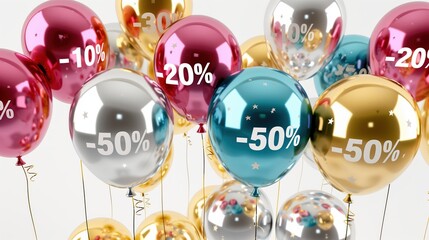A trendy 3D visualization of multiple glossy helium balloons with discount numbers floating against a pure white background