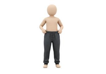 Isolated faceless figure adjusting gray sweatpants with hands, waist, realistic shadows