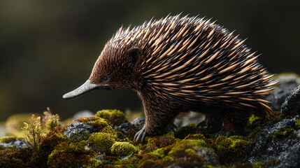 Obraz premium Curious echidna explores mossy terrain with sharp quills and gentle snout, a unique Australian wildlife encounter.