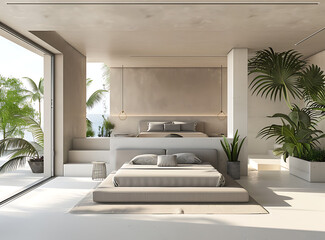 Modern minimalist bedroom with two platform beds and lush tropical plants, overlooking a serene ocean view.