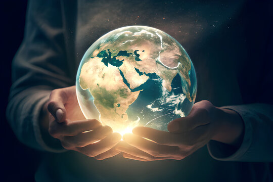 Human hands gently hold a glowing digital Earth, symbolizing global connection, technology, sustainability, and responsibility for the planet.