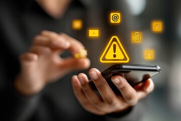 Person holding phone with warning symbols