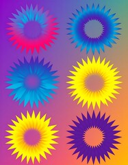 Six vibrant, starburst-like shapes in various colors against a gradient background