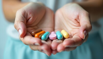 Person holds colorful capsules in cupped hands. Various pills for health, vitamins, supplements, and medicine. Treatment, recovery, and wellness concepts.
