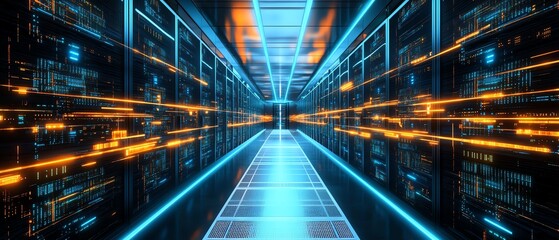 Futuristic server room with glowing lights.