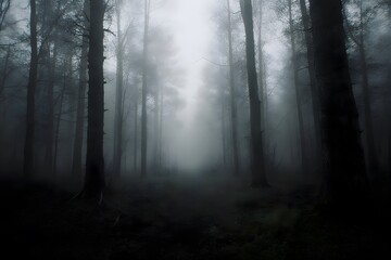 Fototapeta premium Foggy forest path in dim light.