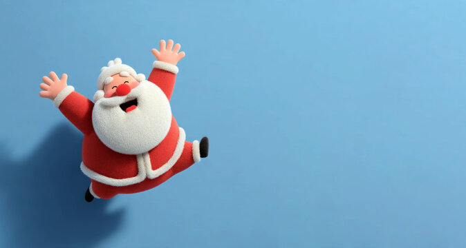 Joyful cartoon Santa Claus jumping with excitement on blue background in fun and festive Christmas character design Generative AI