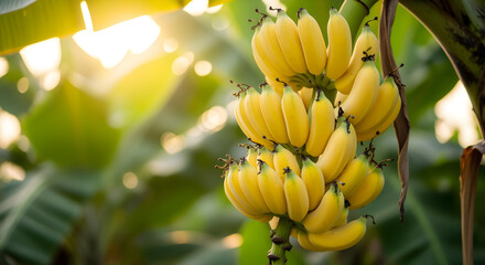 Naklejka premium Ripe yellow bananas hang from the tree in a tropical setting ready for harvesting soon