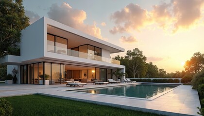 Fototapeta premium Luxury modern house with expansive windows and a swimming pool. Surrounded by rich plants, the residence offers serene relaxation and contemporary design.