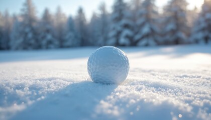 Golf ball resting in crisp snow on frosty winter course. Sunlight glints off icy terrain, surrounding trees creating serene, cold atmosphere. Shot captures challenging yet beautiful winter sports
