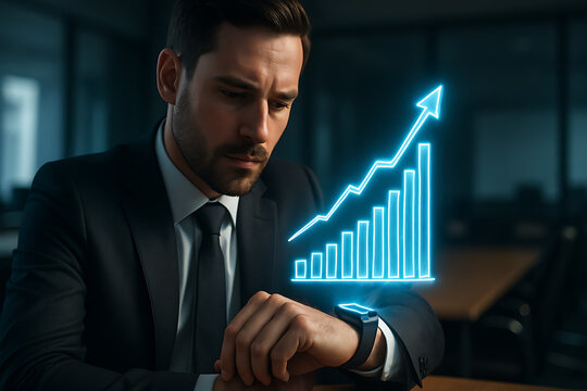 Businessman Checking a Holographic Bar Graph of Financial Growth on His Smartwatch