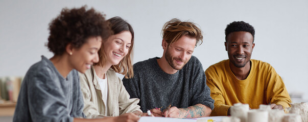 Diverse, smiling team collaborates on a creative project. Positive energy, teamwork concept. Ideal for business, education, and artistic endeavors.