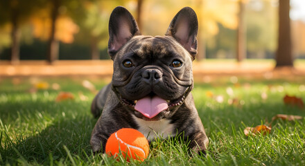 Fototapeta premium Brindle dog lies on green grass with a ball during autumn in a park enjoying the day