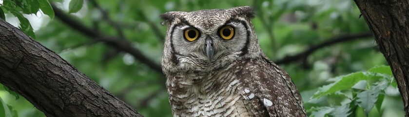 Shocked owl reacting in surprise concept. A majestic owl perched quietly on a branch, surrounded by greenery.