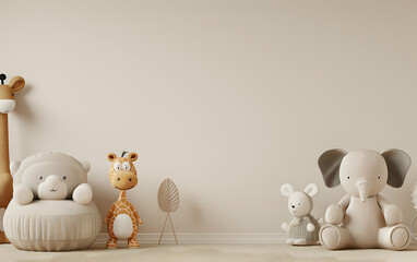 A cozy and inviting playroom scene featuring various stuffed animal toys against a neutral wall.