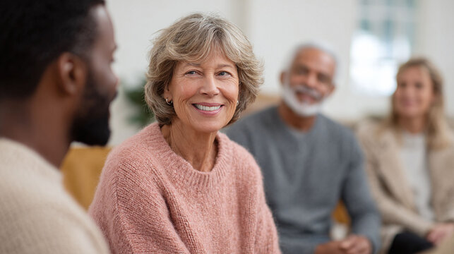 Warm, authentic image of a smiling senior woman in a group, looking confidently at the viewer. Evokes themes of connection, wisdom, diversity, and modern aging. - Powered by Adobe