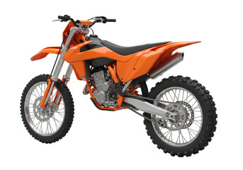 Fototapeta premium Isolated orange motocross bike, dirt bike; side perspective shows chain, spokes, engine details