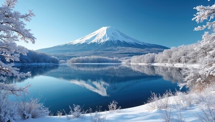 Obraz premium Majestic Mount Fuji, snow-covered peak, reflects in serene blue lake surrounded by frost-covered trees. Tranquil winter wonderland in Japan offers peaceful scenic view, perfect for travel, nature