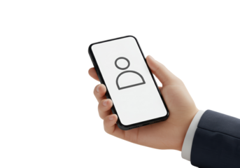 Isolated hand holds a modern smartphone displaying a generic user profile icon, no background