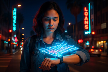 Woman Navigating a City Street with a Holographic Map Displayed on Her Smartwatch at Night