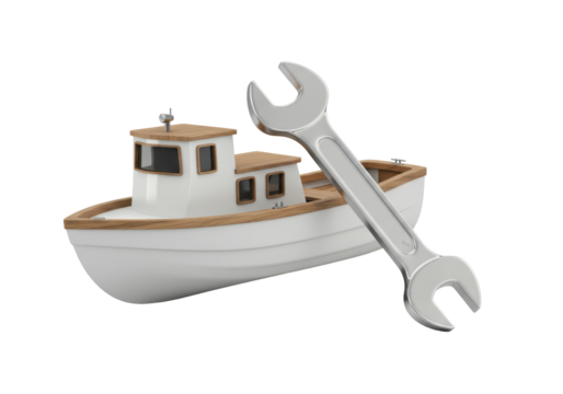Isolated Boat repair design element and silver colored wrench, repair the ship concept