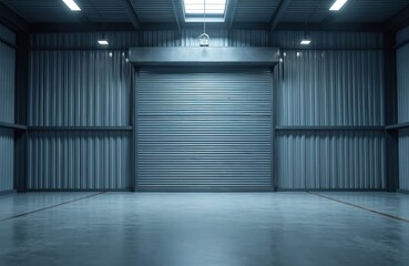 Industrial building interior featuring large closed roller shutter door. Polished concrete floor reflects overhead lighting. Metal corrugated walls, ceiling create sterile, functional space suitable