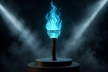 Futuristic Blue Flame Torch on a Pedestal in a Dark Setting