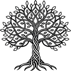 Obraz premium Tree of life with detailed bark and leaves swirl coloring page vector art design
