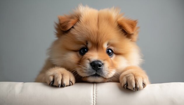 Fluffy chow chow puppy with big, curious eyes peeking over soft surface. Sweet, innocent charm captured in neutral background portrait. Adorable, playful and heartwarming pet.