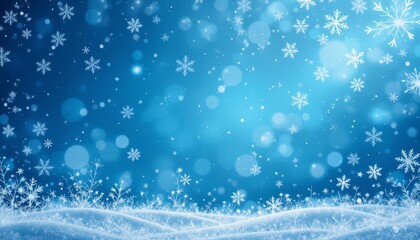 Fototapeta premium Blue winter scene with falling snow and frosted horizon atmospheric backdrop for holidays, greetings, websites, invitations, and campaigns.