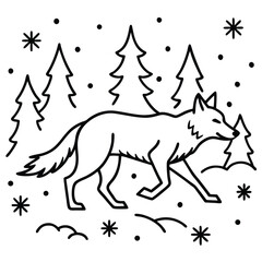 Wolf running through snowflakes coloring page vector art design