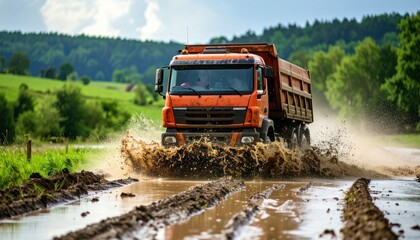Orange Truck in Mud: An orange dump truck powerfully navigates a muddy, rutted road, splashing through puddles, showcasing its rugged strength and off-road capabilities.