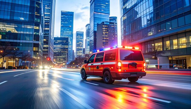 Emergency Response in Metropolis: A vibrant cityscape is framed with skyscrapers, while a fire engine races down a road with flashing lights. It's an iconic scene of rescue and community service. - Powered by Adobe
