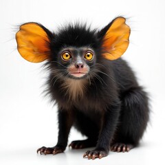 Fototapeta premium Aye-aye, rare primate, isolated on white background. Creature large, bright orange ears, dark fur, piercing yellow eyes. Distinctive appearance makes unique subject for wildlife photography,