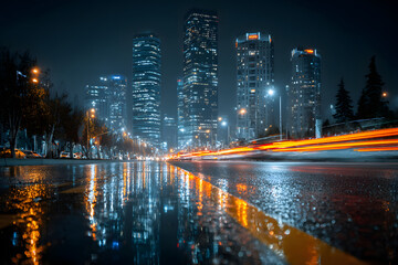 Fototapeta premium Urban nightscape with illuminated skyscrapers and moion-blurred road in a moden city center