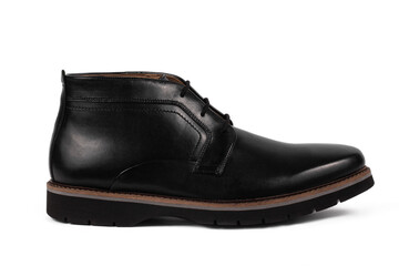 A black shoe with a black sole and a black lace