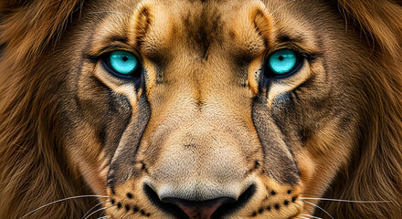 Majestic lion face portrait showcases striking blue eyes and detailed facial features closeup
