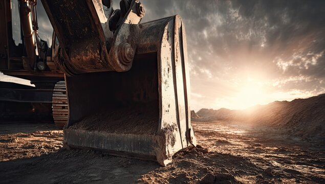Close-up excavator bucket at sunset