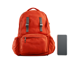 Modern backpack and phone on background