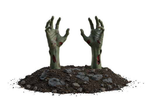 Isolated zombie hands rising from grave, undead Halloween creepy horror on pile of rocks