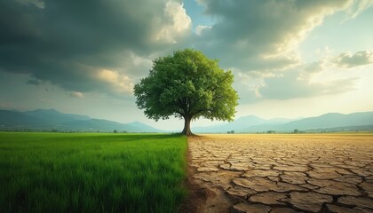 Lone tree stands split between rich green field and arid cracked earth. Symbolizes climate change impacts, drought, contrasting life and death, ecology concept.