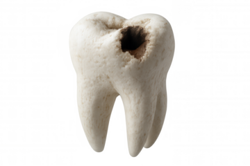 Decaying molar revealing significant cavity, highlighting progressive tooth deterioration against transparent backdrop