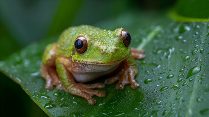 Obraz premium Stunning macro shot of a vibrant green tree frog resting on a dewy leaf, perfect for nature projects